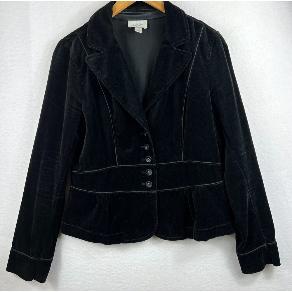 Ann Taylor Loft Womens Black Velvet Button Front Blazer Jacket Size 8 Cotton